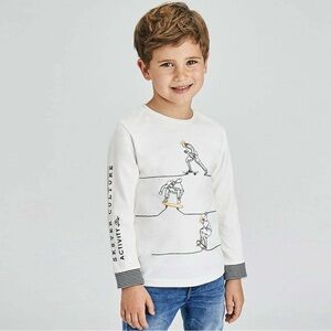 Size 6 Boys Mayoral Cream Long Sleeve Tee with Activity Graphics